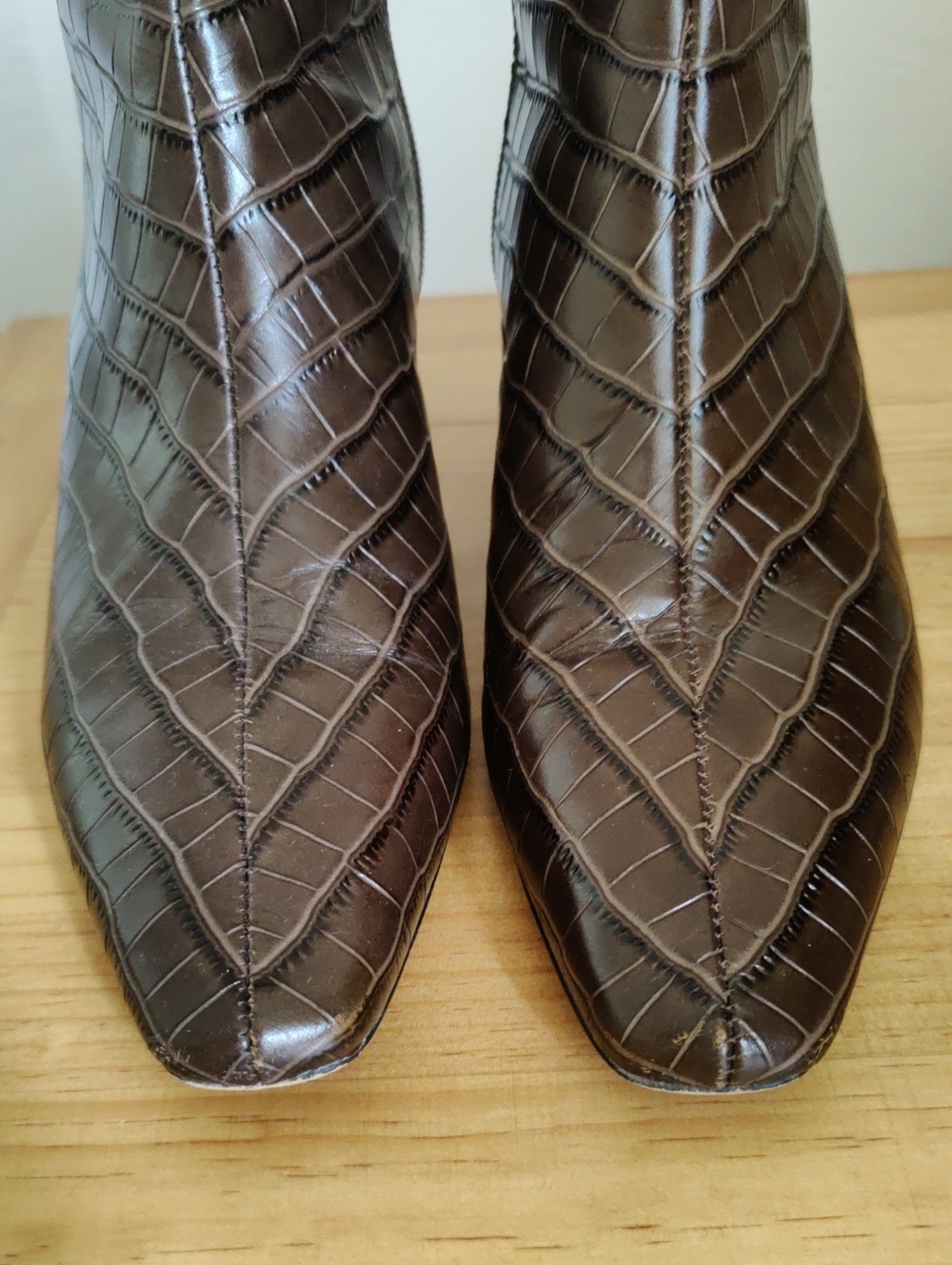 Ann Taylor Crocodile Embossed Brown Ankle Boots - Picture 3 of 11